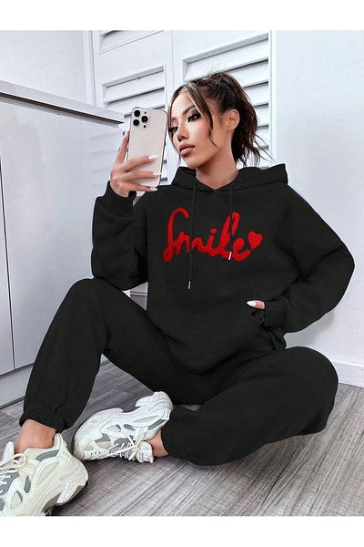 CLAYES Smile Tracksuit Set Sweatshirt Jogger - Black Printed Oversize Hooded