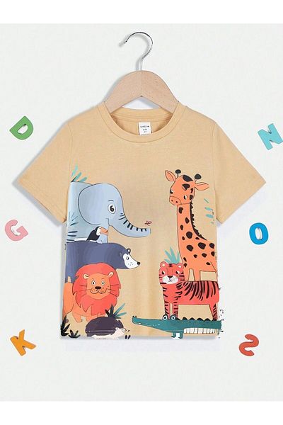CLAYES Animals Cotton Παιδικό T-Shirt - Μπεζ εμπριμέ για κορίτσια, καλοκαιρινό μπλουζάκι με λαιμόκοψη