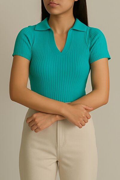 WOMAN VISION Tirkizna pletena bluza sa polo ovratnikom i kratkim rukavima 0271