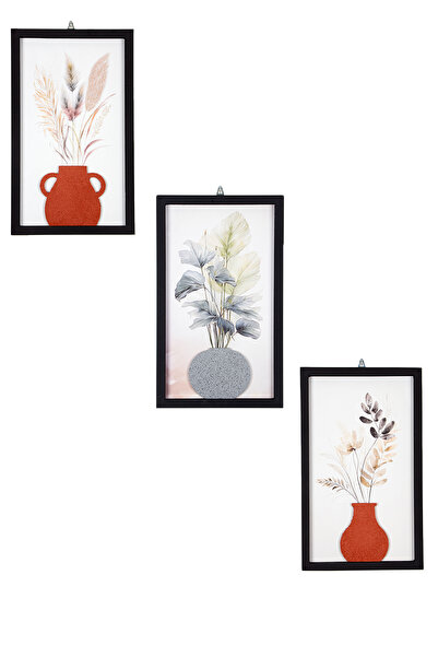 Yapay Çiçek Deposu Ahşap Çerçeve ve Saksılı UV Basklı MDF Tablo 30x50cm 3lü Set