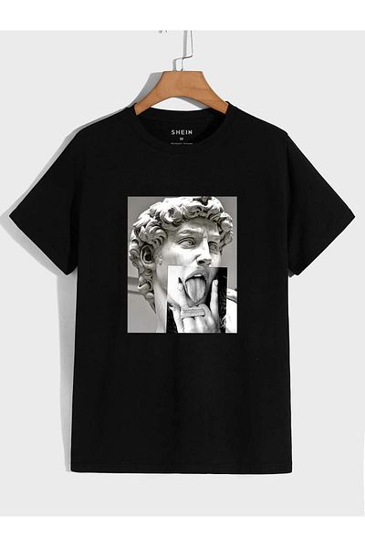 DUBU BUTİK Sculpture Design Single Jersey T-Shirt - Black Printed Oversize Crew Neck Short Sleeve T-Shirt