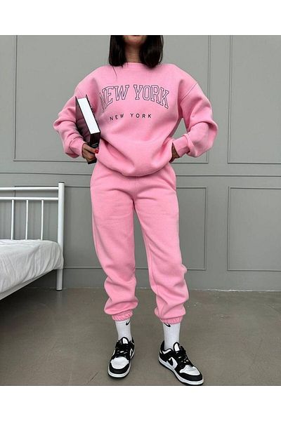 CLAYES New York New York Tracksuit Set Sweatshirt Jogger - Pink Printed Oversize Ribbed Crew Neck