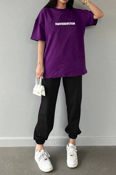DUBU BUTİK Thatssofetch Purple Jogger Set - Μαύρο T-shirt και φούτερ, Crew Neck