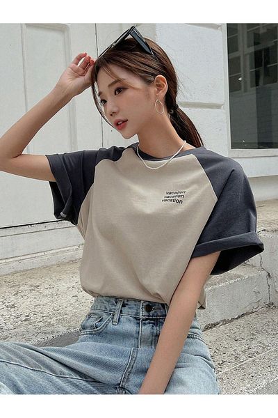DUBU BUTİK Vocation Piece Single Jersey T-shirt - Beige Smoke printed Oversize Crew Neck κοντομάνικο T-shirt