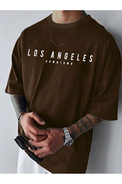 DUBU BUTİK Tricou Los Angeles Downtown Single Jersey - Tricou oversize cu mânecă scurtă cu decolteu triplu cu imprimeu maro