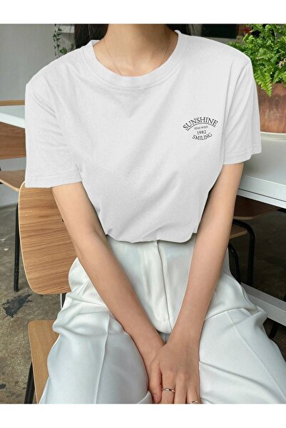 DUBU BUTİK Sunshine 1982 Single Jersey T-Shirt - White Printed Oversize Crew Neck Short Sleeve T-Shirt