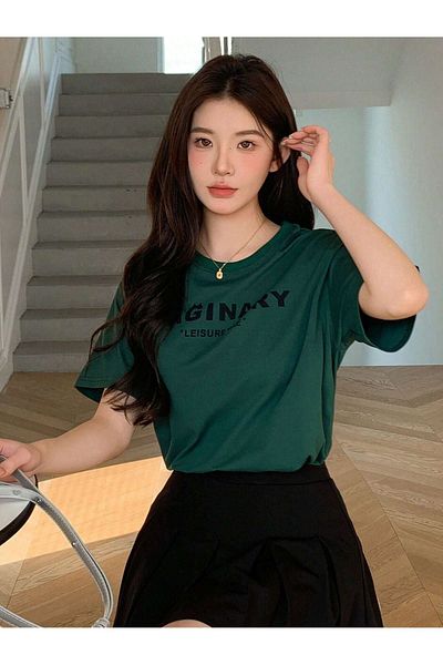 DUBU BUTİK Nefti Green Oversize Maginary Single Jersey T-Shirt - Crew Neck, Short Sleeve