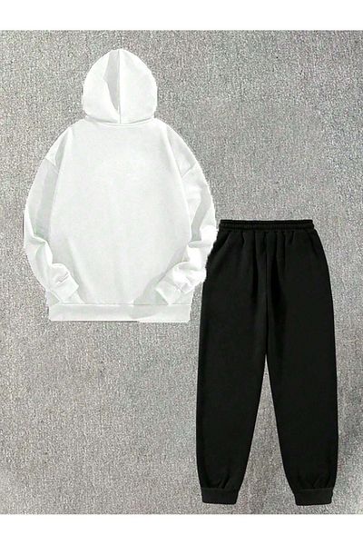 DUBU BUTİK Λευκό και μαύρο σετ αθλητικής φόρμας Oversize με στάμπα - Φούτερ με κουκούλα και Jogger