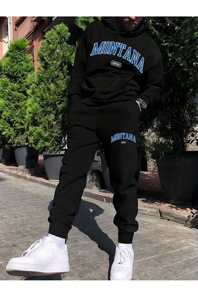 VBSVİBES Montana Tracksuit Set Sweatshirt Jogger - Black Printed Oversize Drawstring Hoodie