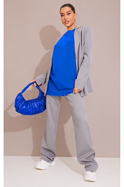 DUBU BUTİK Plain Single Jersey T-Shirt - Sax Blue Oversize Crew Neck Short Sleeve T-Shirt