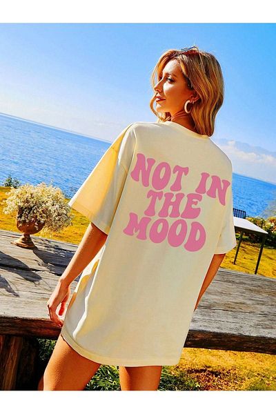 CLAYES Μπεζ εμπριμέ μπλουζάκι Oversize - Not Mood Single Jersey, Crew Neck, Κοντό μανίκι