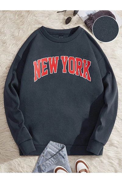 VBSVİBES Hanorac oversize, unisex, negru, cu imprimeu New York, cu decolteu triplu