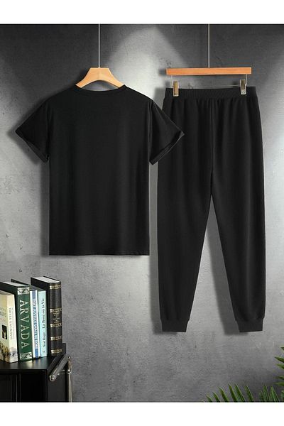 DUBU BUTİK Φτερό μπλουζάκι αθλητική φόρμα κάτω Jogger-μαύρο τύπωμα στο κάτω πάνω μέρος Φούτερ κοστούμι Oversize Crew Neck