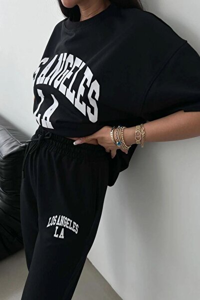 CLAYES Los Angeles T-shirt Sweatpants Jogger- Black Printed Bottom Top Sweat Suit Oversize Crew Neck