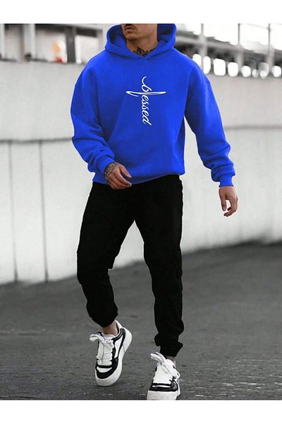 CLAYES Blessed Sweatpants Set Sweatshirt Jogger - Sax Blue Black Printed Raster Hooded
