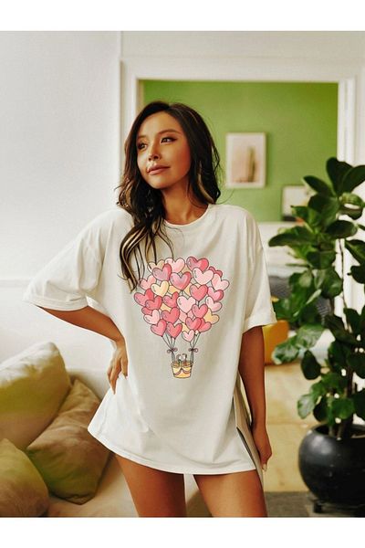 VBSVİBES Tricou alb oversize cu imprimeu Hearth pentru femei