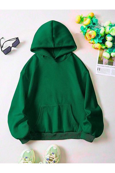 DUBU BUTİK Φούτερ Nefti Green Fish Printed Hooded - Oversize Unisex Χοντρό Χειμώνα
