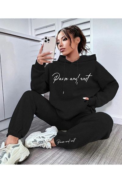 DUBU BUTİK Pause Hooded Combination Bottom Top Tracksuit Set - Black Printed Oversize Rubber Legs