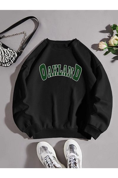 VBSVİBES Hanorac supradimensionat unisex, negru, verde Ookland, cu imprimeu cu decolteu triplu