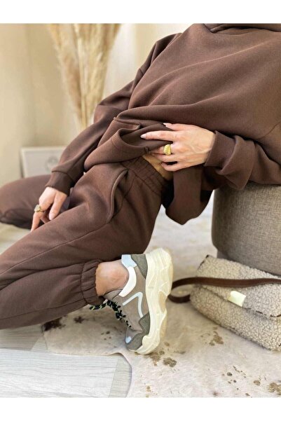 CLAYES Unisex Hooded Tracksuit Set Brown Plain Basic Oversized