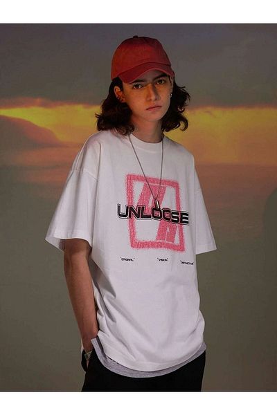 VBSVİBES Men's White Oversize Unloose Printed T-shirt