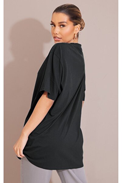 DUBU BUTİK Plain Single Jersey T-Shirt - Black Oversize Crew Neck Short Sleeve T-Shirt