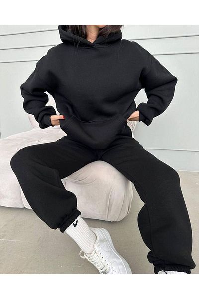 CLAYES Basic Plain Tracksuit Set Sweatshirt Jogger - Black Oversize Hooded