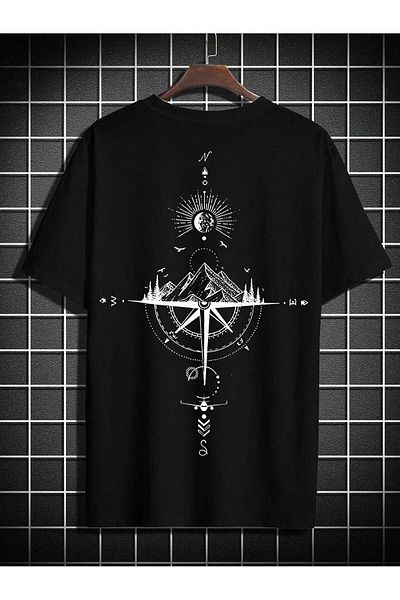 VBSVİBES Black Oversized Compass Print Tshirt