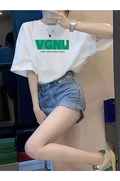 CLAYES Λευκό εμπριμέ VGNU Oversize T-Shirt - Crew Neck, κοντό μανίκι