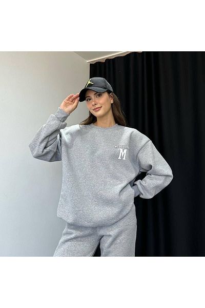 CLAYES M Melbourne Tracksuit Set Sweatshirt Jogger - Gray Printed Oversize Raised Crew Neck