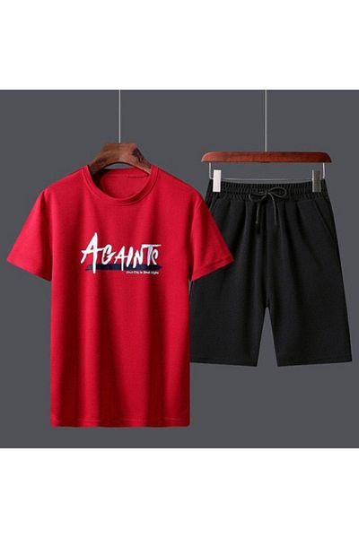 CLAYES Againts T-Shirt Shorts - Red Black Bottom Top Team Shorts T-Shirt Combo Printed Crew Neck