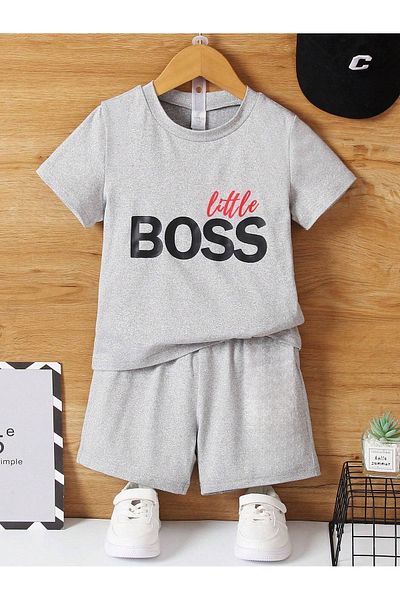 CLAYES Little Boss Printed Grey σορτς και μπλουζάκι - Καλοκαιρινή λαιμόκοψη για κορίτσια αγόρια