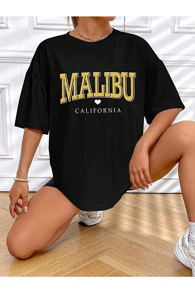 CLAYES Malibu Heart Patterned Black Oversize T-Shirt - Crew Neck