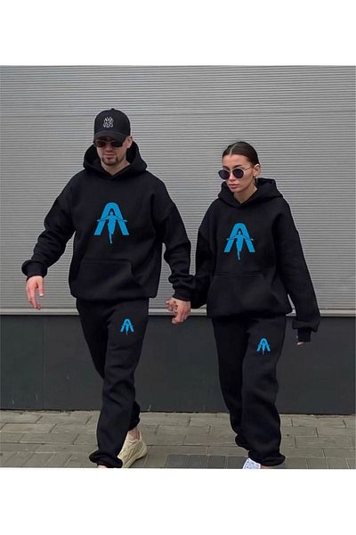 VBSVİBES SET DE PANTALONI DE ANTAL ALBASTRU IMPRIMAT CU GLUGĂ, MĂRIMEA NEGRĂ