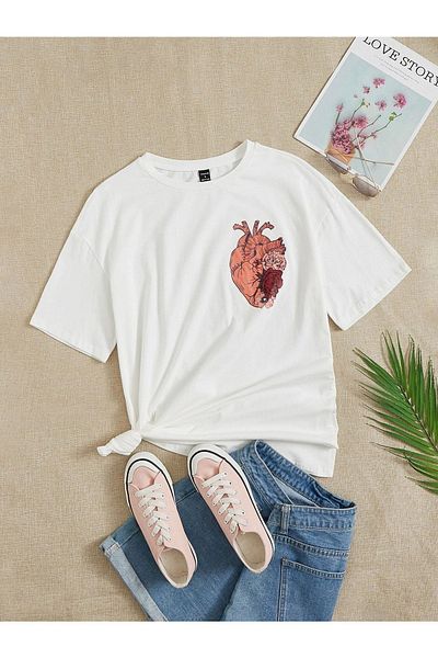 VBSVİBES Women's White Oversize Heart Printed Knitted T-shirt