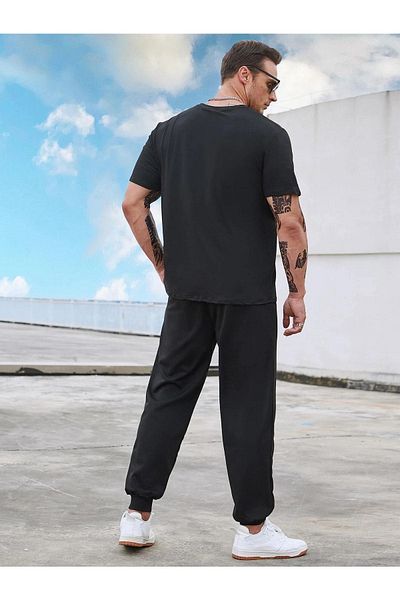 CLAYES Κινεζικό T-shirt Sweatpants Jogger- Μαύρο εμπριμέ στο κάτω μέρος Sweat Suit Oversize Crew Neck