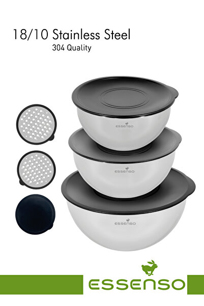 Essenso Paslanmaz Çelik Rendeli 304 Quailty 9 Parça Karıştırma Kabı 16-20-24 Cm