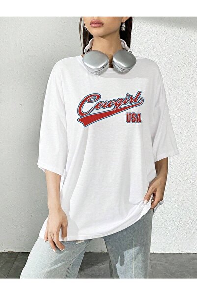 VBSVİBES Πλεκτό μπλουζάκι Unisex Λευκό Oversize Cowgril με στάμπα