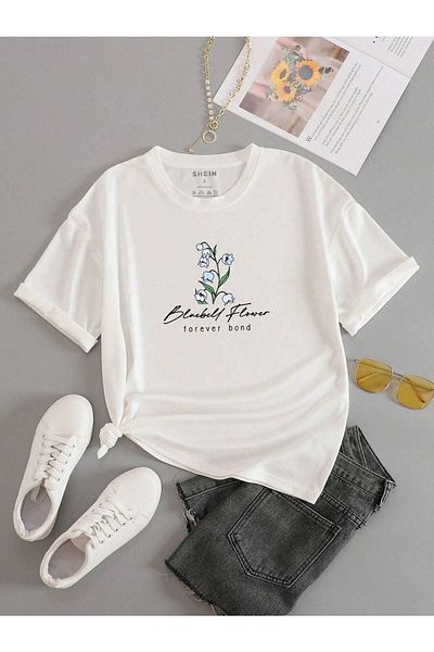 VBSVİBES Πλεκτό μπλουζάκι Unisex Λευκό Oversize Forever Flower με στάμπα