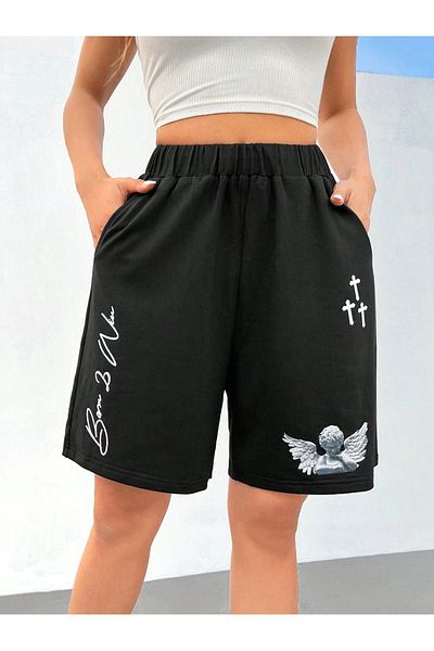 CLAYES Angel Design Combed Cotton Shorts - Black Printed Short Without Cord
