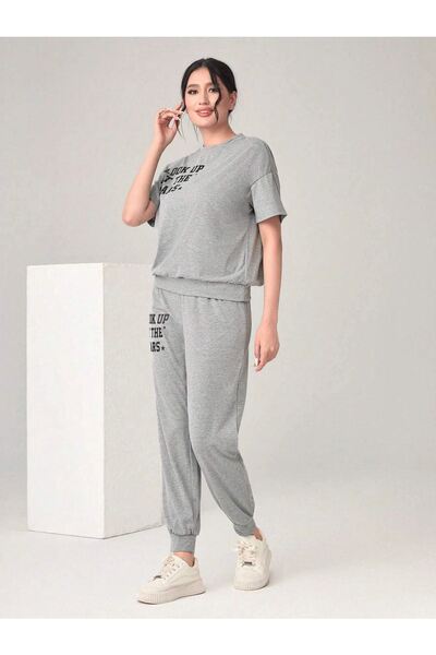 CLAYES The Stars Ribana 2li T-shirt Eşofman Altı Jogger Gri Alt Üst Eşofman Takım Oversize Bisiklet Yaka