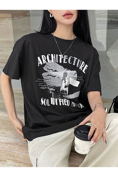 DUBU BUTİK Architecture Single Jersey T-Shirt - Smoke Printed Oversize Crew Neck Short Sleeve T-Shirt ARTCTR