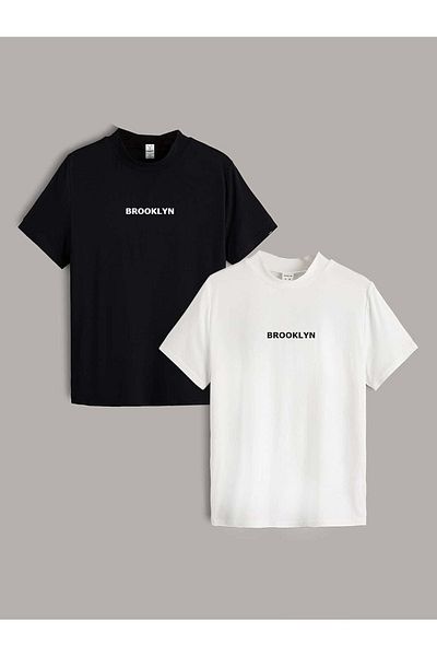 VBSVİBES Pachet de 2 alb-negru - Tricou tricotat unisex cu guler supradimensionat cu imprimeu Brooklyn