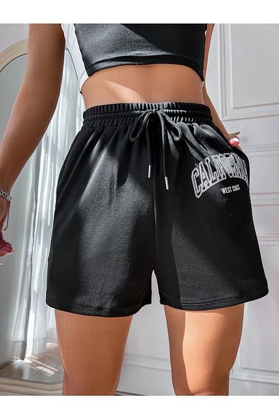 CLAYES Pantaloni scurți negri cu imprimeu California - Bumbac pieptănat și cu cordon