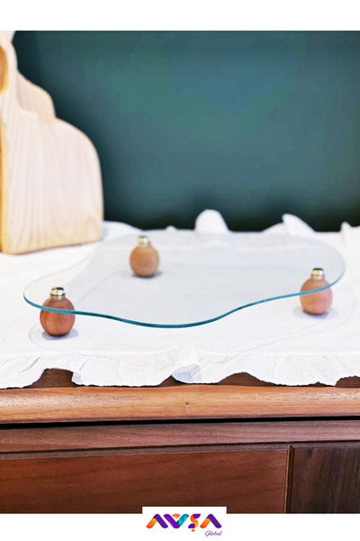 AVŞA Global حامل عرض زجاجي منحني ذو قاعدة خشبية دائرية الشكل (32 سم / 22 سم)