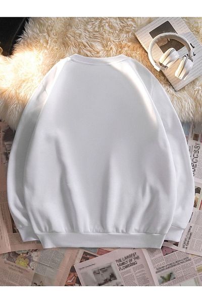 VBSVİBES Λευκό Unisex Oversize Στιβαρό εμπριμέ φούτερ Crew Neck