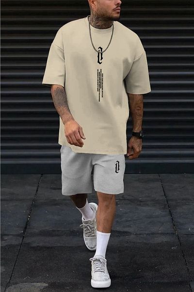CLAYES Vertical T-Shirt Shorts - Mink Gray Bottom Top Combination Shorts T-Shirt Set Printed Oversize Crew Neck