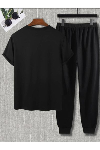 SKYLİGHT Black Oversize Special Design Printed Crew Neck T-Shirt - Black Jogger Sweatpants Set