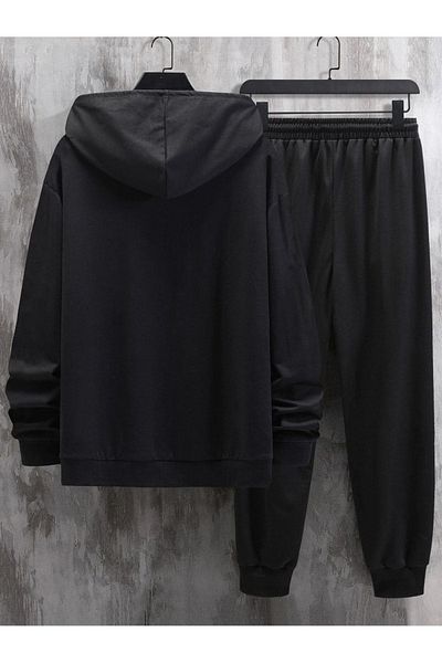 DUBU BUTİK Σετ φόρμας King Sweatshirt Jogger - Μαύρη στάμπα Oversize Raised Hooded