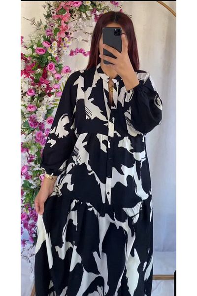 PREMİER VİE Φόρεμα βισκόζης Teseeür Funda Pattern Μαύρο Χρώμα Νέας Σεζόν